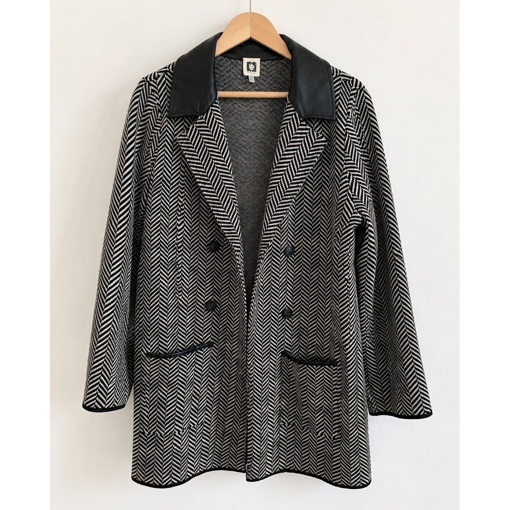 Anne‎ Klein Herringbone Knit Open Front Longline Cardigan Jacket M Black Cream